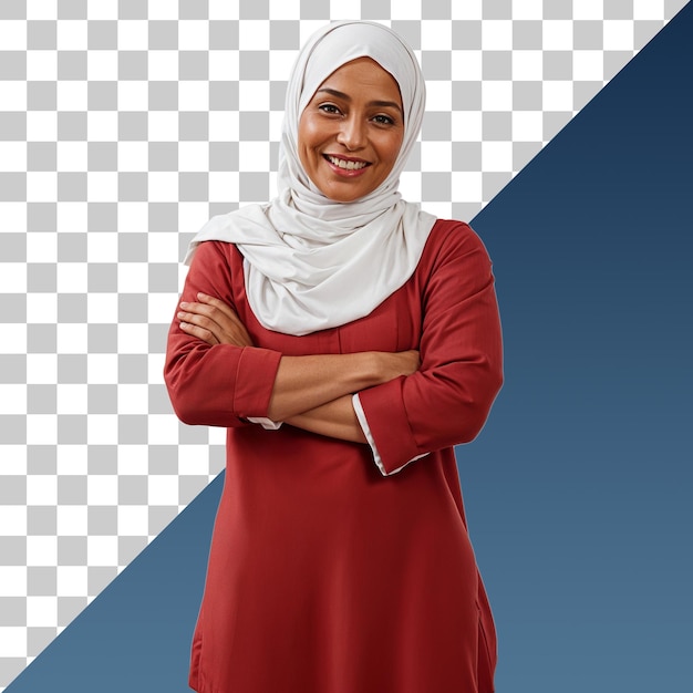 PSD confident woman with a white hijab smiles warmly exuding professionalism and kindness