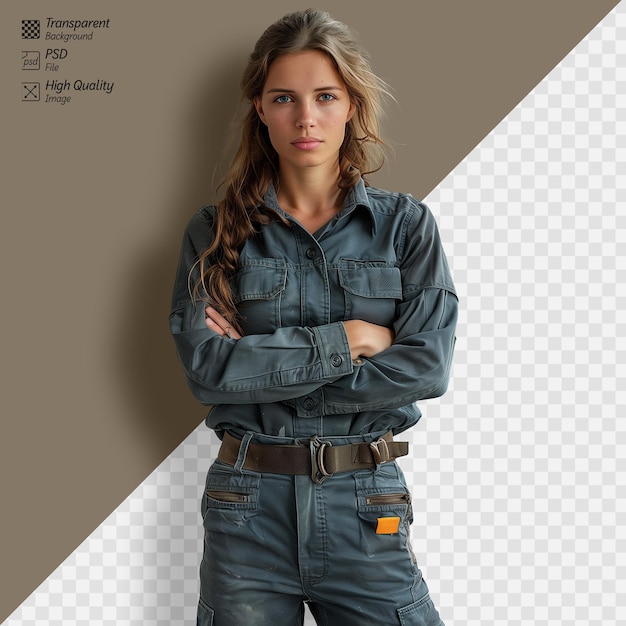 Confident woman in workwear standing with arms folded