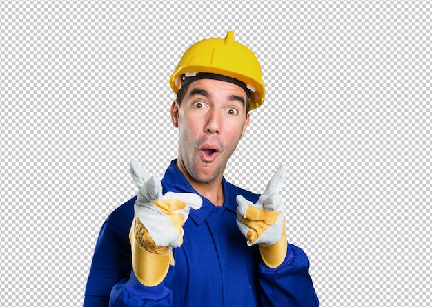 PSD confident worker pointing on white background