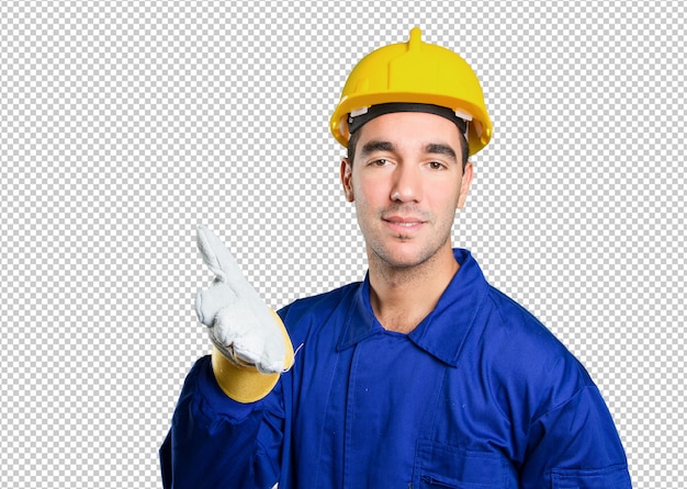 Confident worker with handshake gesture on white background