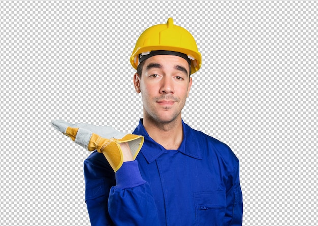 PSD confident worker with show gesture on white background