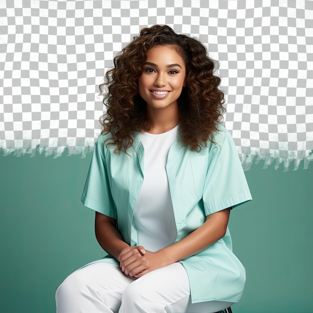 A confident young adult woman with wavy hair from the pacific islander ethnicity dressed in biotechnologist attire poses in a back arch with hands on thighs style against a pastel teal back