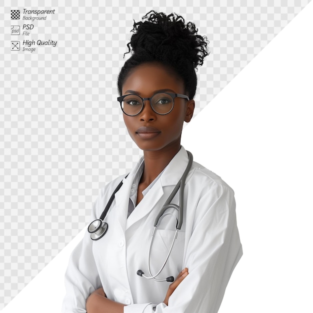 PSD confident young black female doctor posing in medical attire