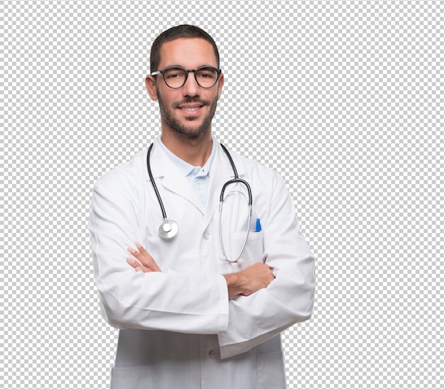 PSD confident young doctor with crossed arms gesture