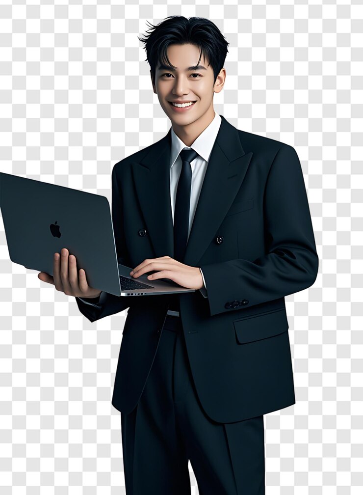 PSD 자신감 있는 젊은 잘생긴 사업가 가 노트북 을 들고 카메라 에 미소 짓고 있다