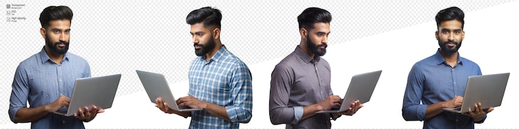 PSD confident young man with laptop working and posing in different outfits on transparent background