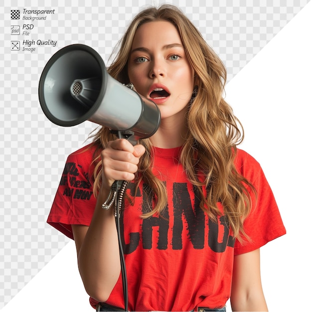 PSD confident young woman speaking through a megaphone on white