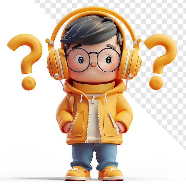PSD confused 3d asian man with headphone and question marks