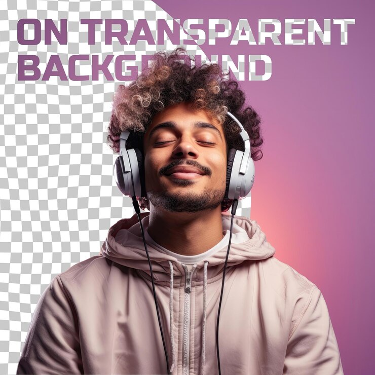 PSD a confused adult man with kinky hair from the scandinavian ethnicity dressed in video gaming on consoles attire poses in a eyes closed with a smile style against a pastel mauve background