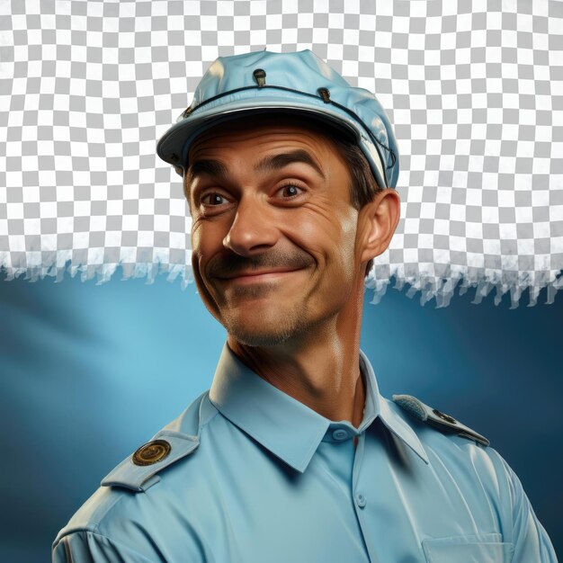 a confused adult man with short hair from the uralic ethnicity dressed in engineer attire poses in a tilted head with a grin style against a pastel sky blue background