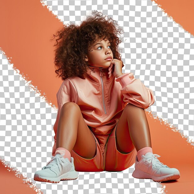 PSD a confused child girl with curly hair from the west asian ethnicity dressed in massage therapist attire poses in a sitting with one leg bent style against a pastel salmon background