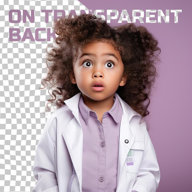 PSD a confused child girl with wavy hair from the african american ethnicity dressed in radiologist attire poses in a looking over the shoulder style against a pastel lilac background