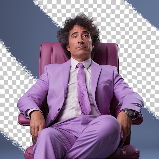 A confused middle aged man with kinky hair from the hispanic ethnicity dressed in podiatrist attire poses in a laid back chair lean style against a pastel periwinkle background