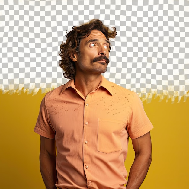 A confused middle aged man with wavy hair from the pacific islander ethnicity dressed in massage therapist attire poses in a profile silhouette style against a pastel lemon background