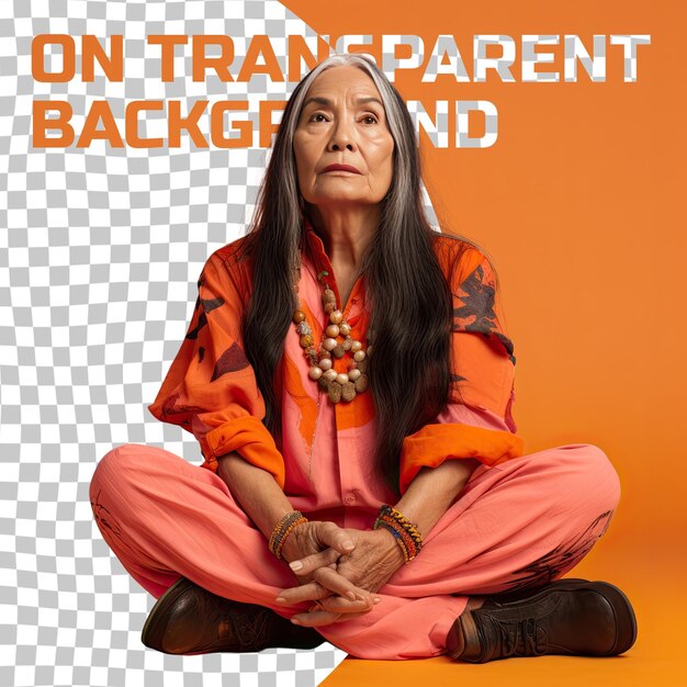 PSD a confused middle aged woman with long hair from the pacific islander ethnicity dressed in sewing clothes attire poses in a seated with one hand raised style against a pastel tangerine backg