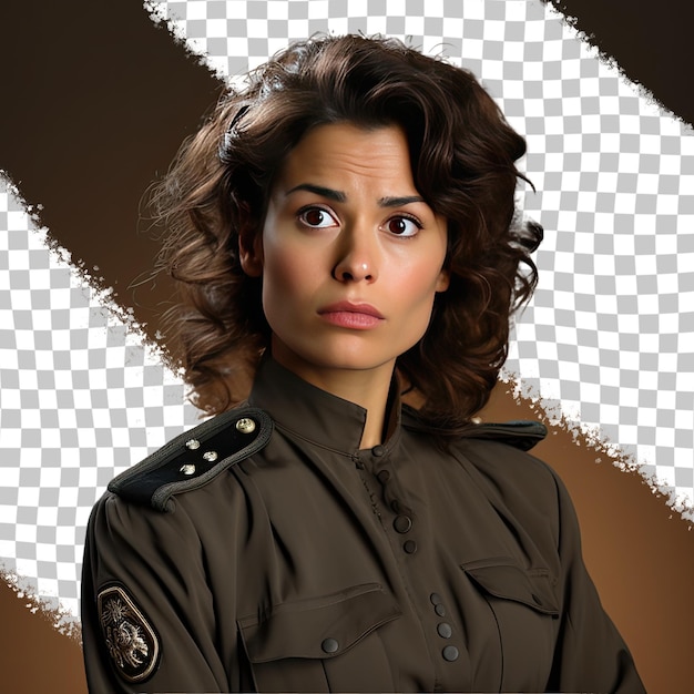 PSD a confused middle aged woman with wavy hair from the hispanic ethnicity dressed in army officer attire poses in a sideways glance style against a pastel beige background