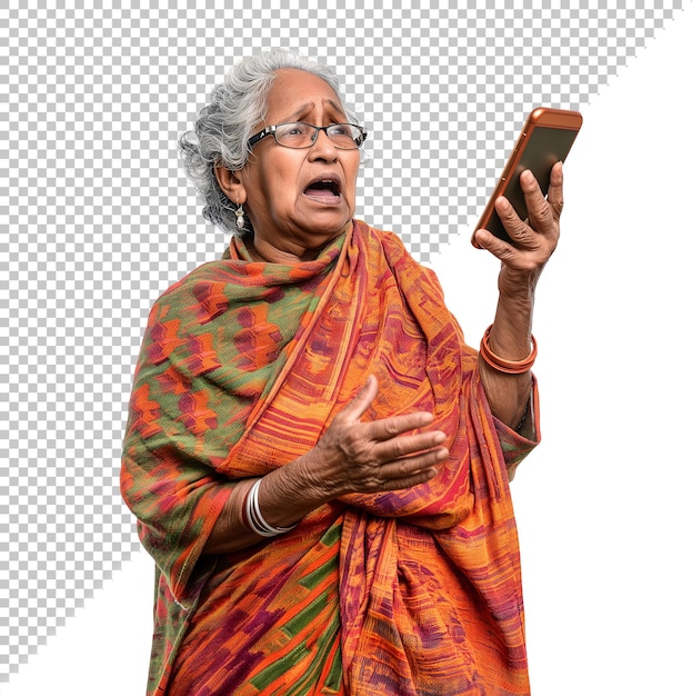 PSD una vecchia nonna indiana confusa che guarda un telefono isolato sullo sfondo trasparente.