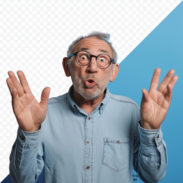 PSD confused senior caucasian man with glasses is unsure in studio raising hands up isolated on blue wall