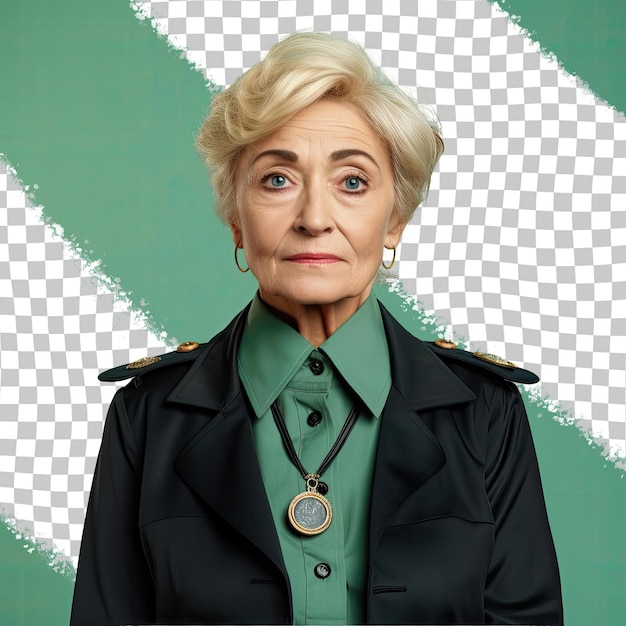 A confused senior woman with blonde hair from the middle eastern ethnicity dressed in locksmith attire poses in a holding collar of jacket style against a pastel green background