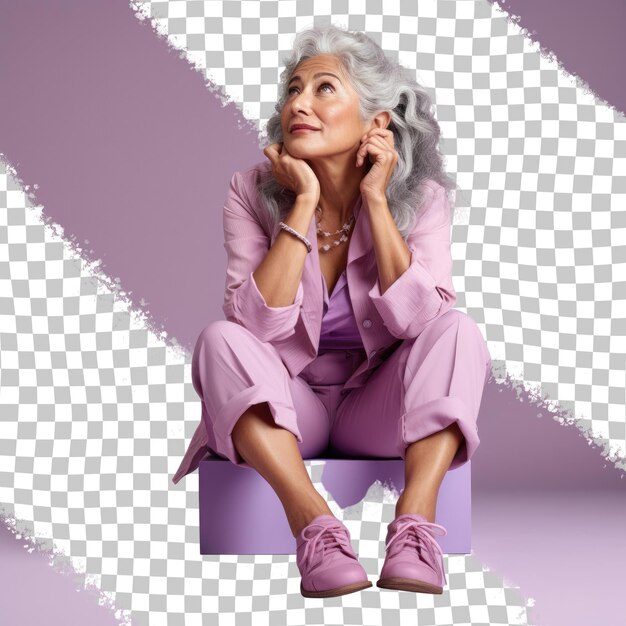 PSD a confused senior woman with long hair from the hispanic ethnicity dressed in podiatrist attire poses in a seated pose with crossed legs style against a pastel lavender background