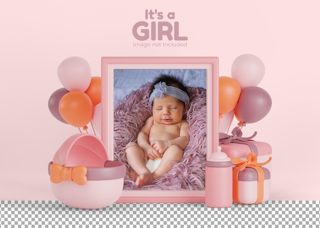 Congratulations scene template for newborn girl 3d render