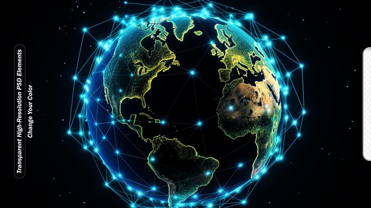 PSD connections global communication orbits in the world map view on dark space background
