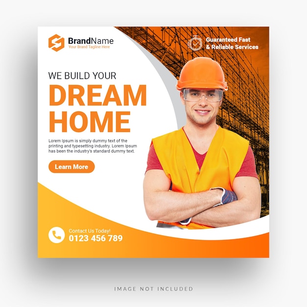 Modello di post sui social media e banner web per la riparazione della casa tuttofare di costruzione