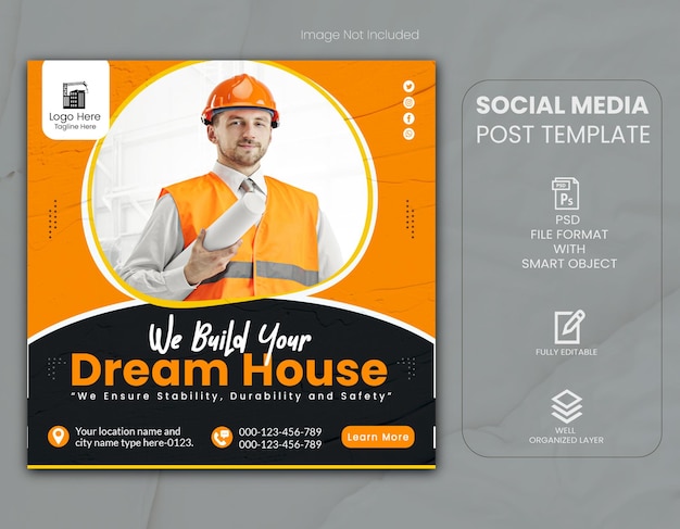 PSD construction handyman home repair square social media post and web banner template