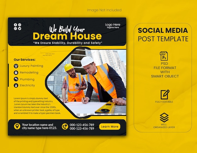 Флаер о ремонте строительного мастера, пост в социальных сетях и шаблон веб-баннера