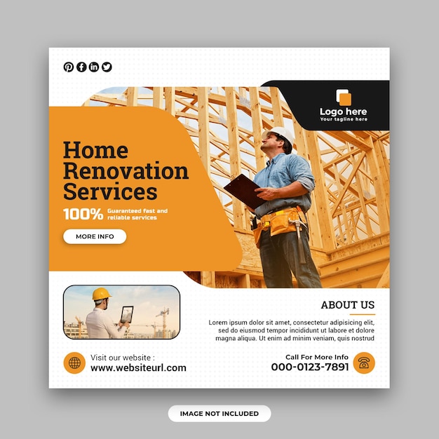 PSD construction and house renovation services social media post and web banner design template