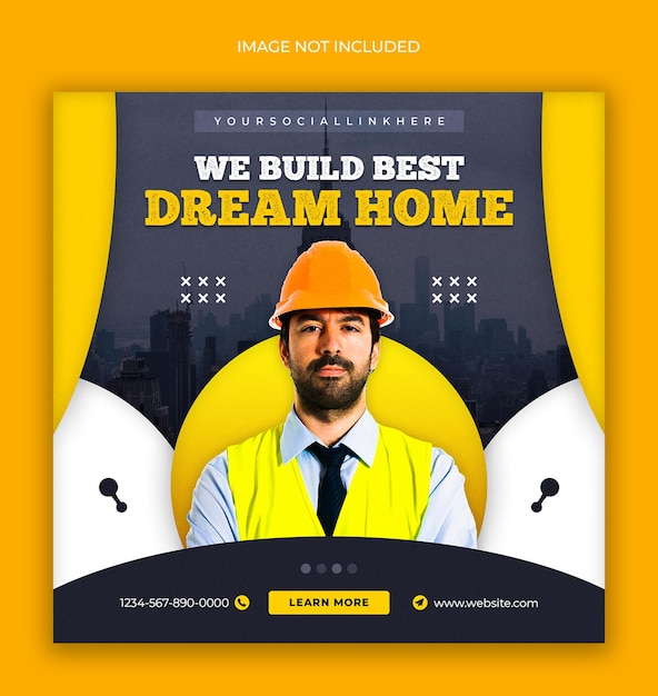 Construction and house renovation services social media post and web banner design template