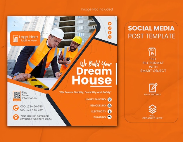 PSD construction and house renovation services social media post and web banner