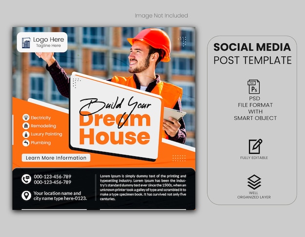 PSD construction and house renovation services social media post and web banner