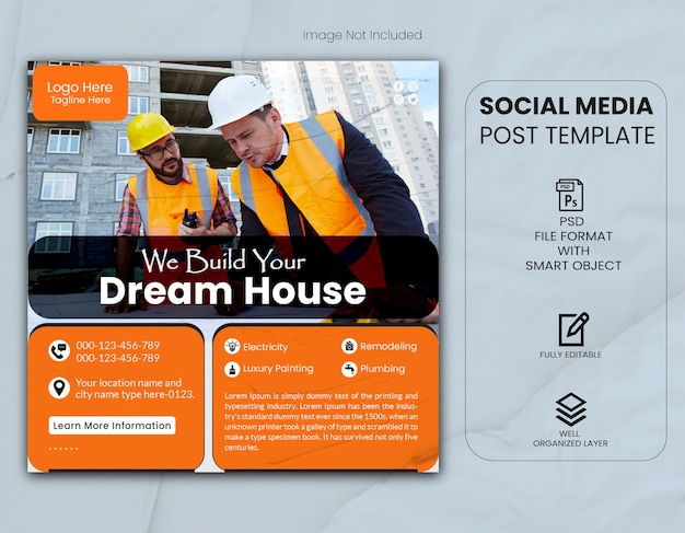 Construction and house renovation services social media post and web banner