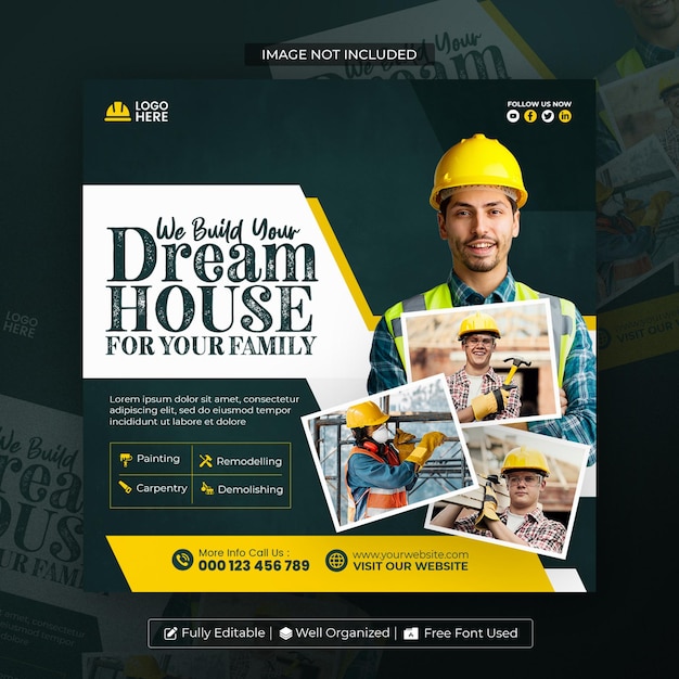 PSD construction and house services instagram post or social media post template