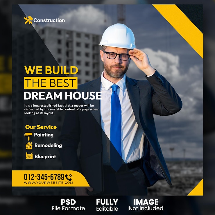 PSD construction and housing services social media post and property developer banner design