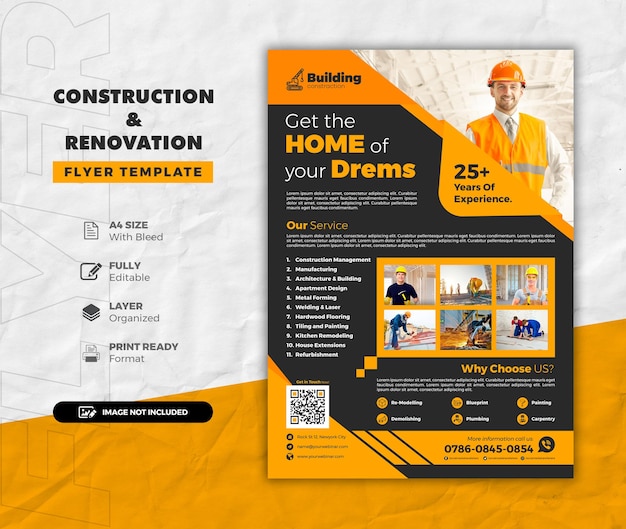 PSD construction and renovation creative flyer leaflet editable template