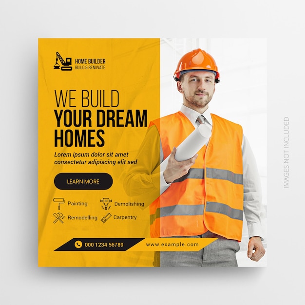 PSD construction renovation flyer social media post amp web banner template