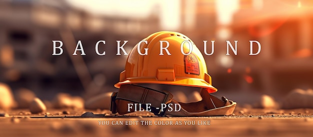 Construction safety equipment helmet on construction site orange sun background