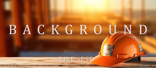 PSD construction safety equipment helmet on construction site orange sun background