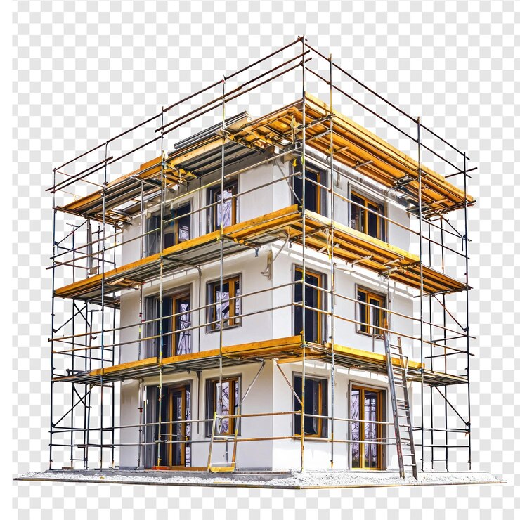 PSD construction scaffolding and a building under construction front view isolate on transparent background
