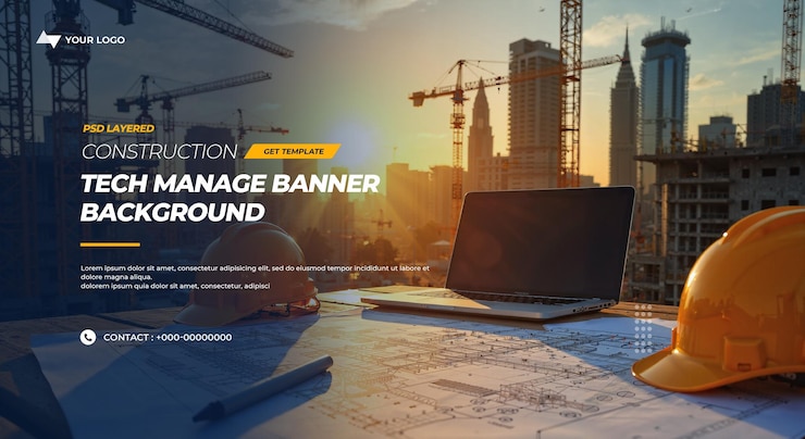 PSD construction scene safety helmet computer smart city poster banner