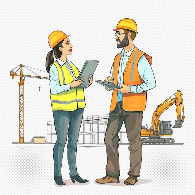 PSD construction site engineers sketch transparent background