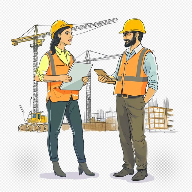 Construction site engineers sketch transparent background