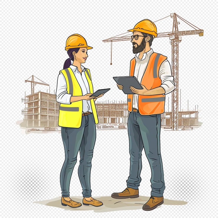 PSD construction site engineers sketch transparent background