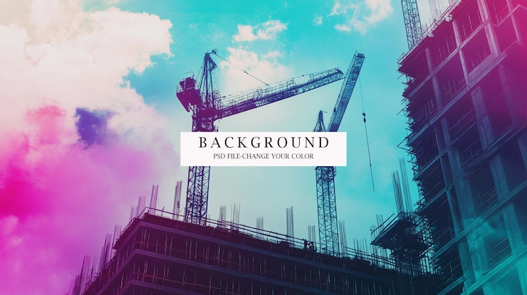 PSD construction site with cranes and buildings against sky background