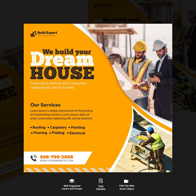 PSD construction social media post and web banner template