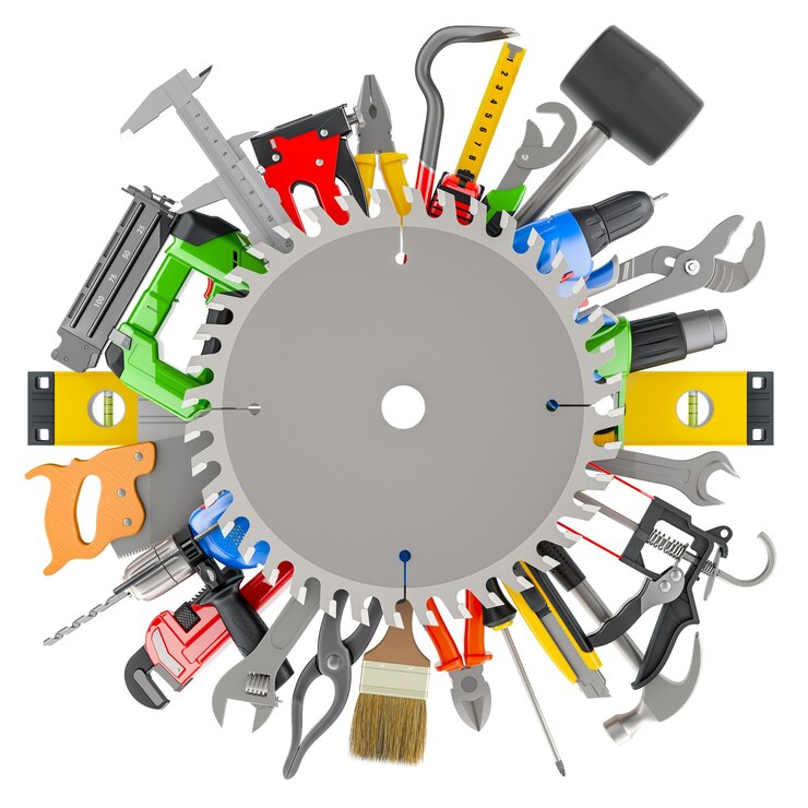 Construction tools assortment of work tools with circular saw blade inside 3D rendering isolated on transparent background