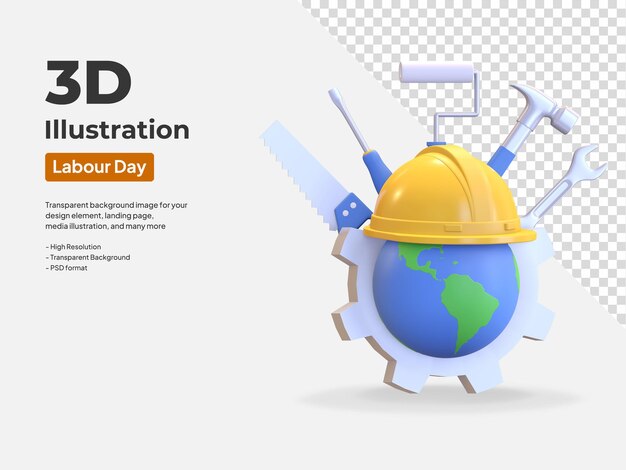 Strumenti di costruzione e illustrazione del giorno del lavoro del casco 3d rendering