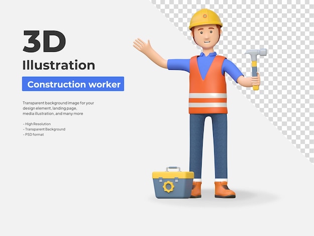 Construction worker carrying hammer and toolbox 3d cartoon character illustration